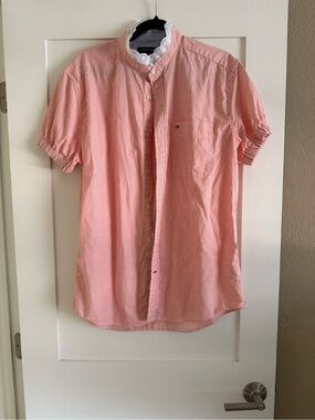 Tommy Hilfiger Pink and White Striped Short Sleeve Button-Down Shirt